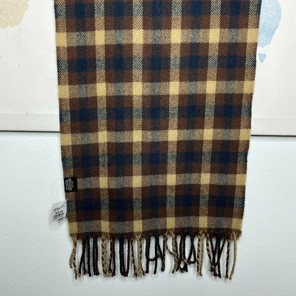 Pronto Uomo Men’s Scarf Brown Blue Plaid Fringe Acrylic NWT $40